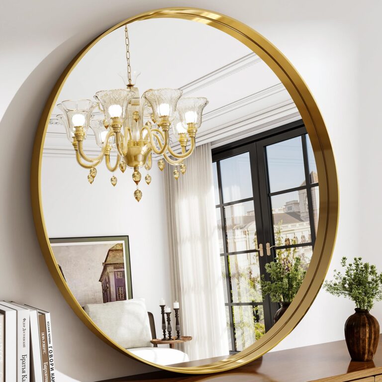 Easly 36 Inch Gold Round Bathroom Mirror - Wall Mounted Circle Mirror with Metal Frame, Modern Mirror Suitable for Bathroom, Vanity, Entryway, Living Room, Wall Decor