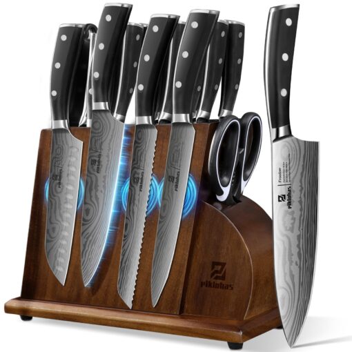 Piklohas Knife Sets for Kitchen with Block, 17 Pieces with Magnetic Knife Holder, German High Carbon Stainless Steel Damascus Pattern Chef Knife Set