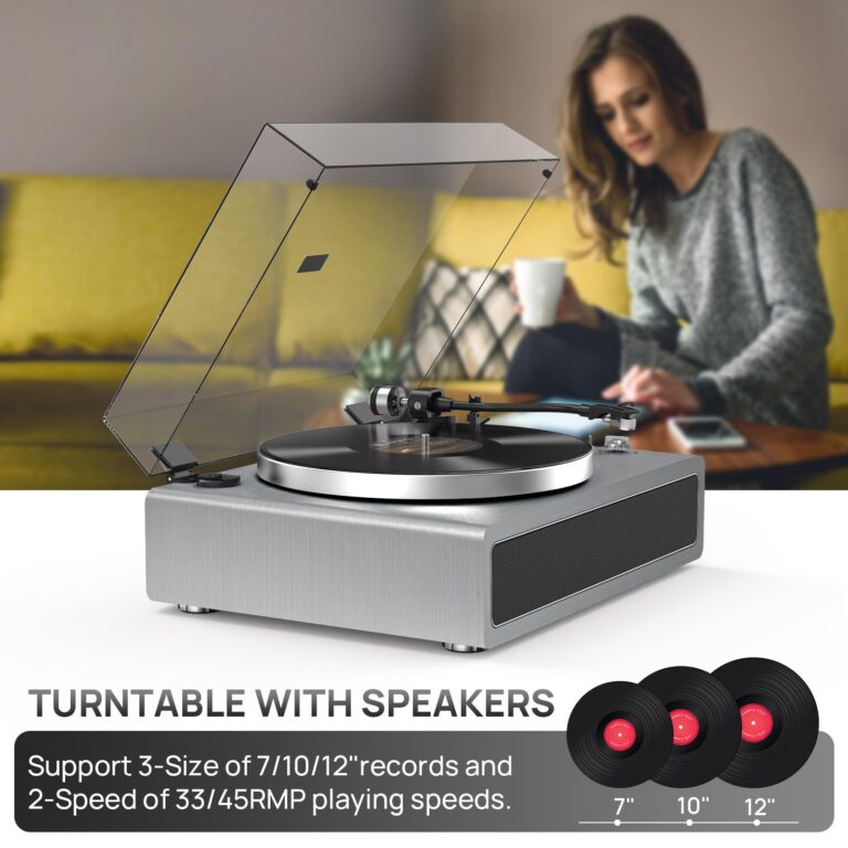 Turntable Record Player with Built-in Speakers, Vinyl Record Player Support Bluetooth Playback Auto Stop 33&45 RPM Speed RCA Line Out AUX in All-in-one Belt-Drive Turntable for Vinyl Records Grey - Image 4