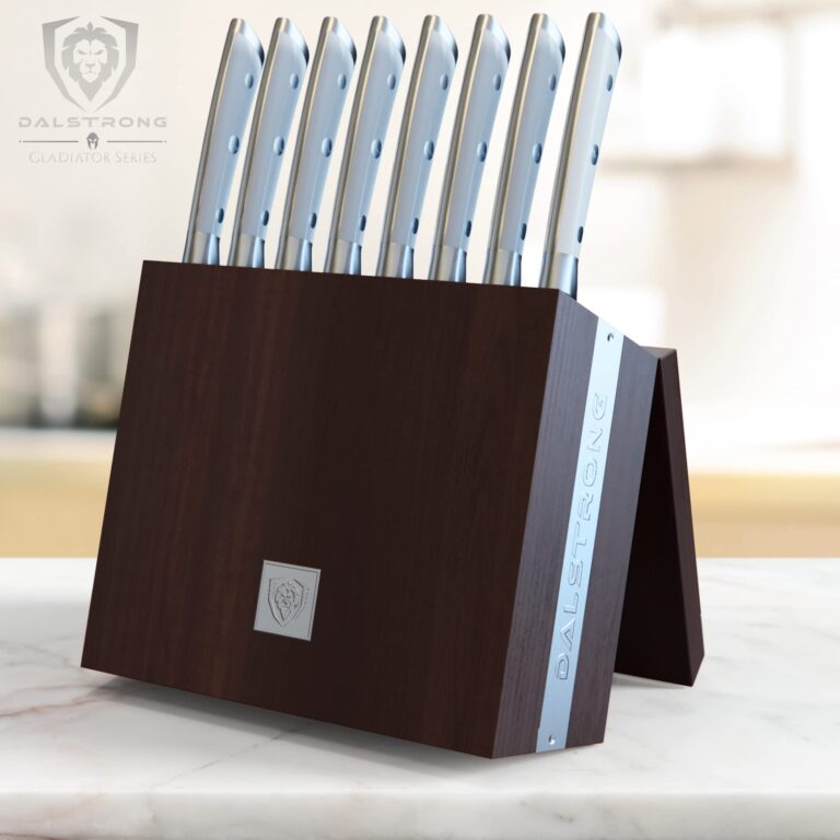 Dalstrong Steak Knife Set with Folding Block - 8 Pc - Gladiator Series - 5" Straight Edge Blade - Forged High-Carbon German Steel - w/Modular Storage Block - Glacial White ABS Handle - NSF Certified - Image 2
