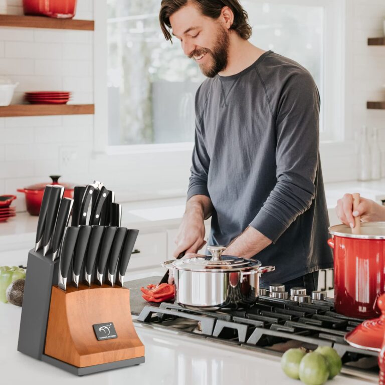 Knife Set, NANFANG BROTHERS 15-Piece Damascus Kitchen Knife Set with Block, ABS Ergonomic Handle for Chef Knife Set, Carving Fork, Disconnect-type Knife Block Set - Image 3
