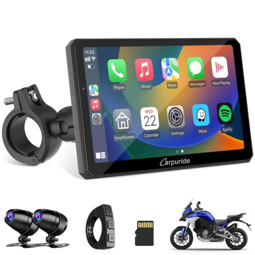 Carpuride W712D Motorcycle Carplay Screen with HD 1080P Dual Dash Cam, Wireless Car Play and Android Auto, 7" Waterproof Rotatable Navigation Touchscreen, Loop Recording, Bluetooth, Wired Controller