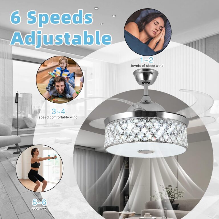 Retractable Crystal Ceiling Fan With Light and Remote/APP Control, Bluetooth Speaker, RGB LED Light, 6 Speeds Reversible Blades, Chandelier for Bedroom Living Room - Image 3