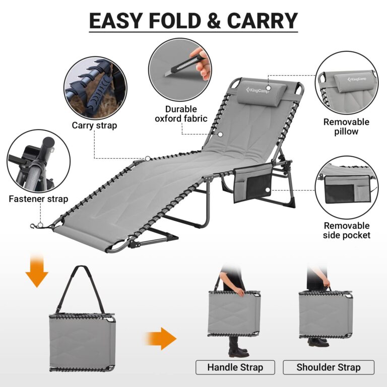 KingCamp Set of 2 Oversize Padded Folding Chaise Lounge Chair for Outdoor, Patio, Beach,Lawn, Sunbathing, Tanning, Pool, Lay Flat Heavy-Duty Adjustable Reclining Chairs with Pillow, Support 330lb,Grey - Image 4
