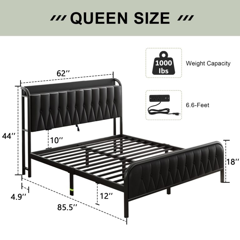 Feonase Leather Queen Bed Frame with Fast Charging Station,Queen Size Metal Platform Beds with Upholstered Headboard & Footboard,12" Underbed Storage Space,Easy Assembly,Noise-Free,Black - Image 7
