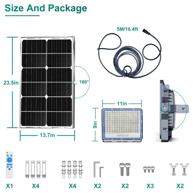 Gebosun 2-Pack 300W LED Solar Flood Light, Remote Controlled, Dusk to Dawn, 30,000Lumen, 6000K, IP67 Waterproof, Wall-Mounted & Pole-Mounted, Perfect for Barn, Warehouse, Backyard and Garden - Image 4