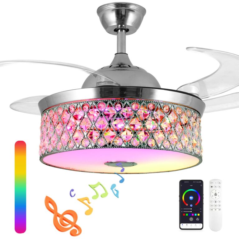 Retractable Crystal Ceiling Fan With Light and Remote/APP Control, Bluetooth Speaker, RGB LED Light, 6 Speeds Reversible Blades, Chandelier for Bedroom Living Room