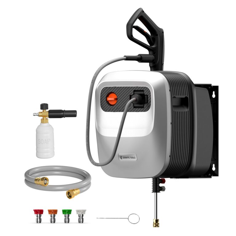 Giraffe Tools Grandfalls Pressure Washer G20 Pro, 2500 PSI 2.2 GPM, Wall Mounted Power Washer with 65FT Hose Reel, Ultra-Soft Pressure Hoses, 4 Nozzles for Floor/Cars/Fences/Patios, Light Silver