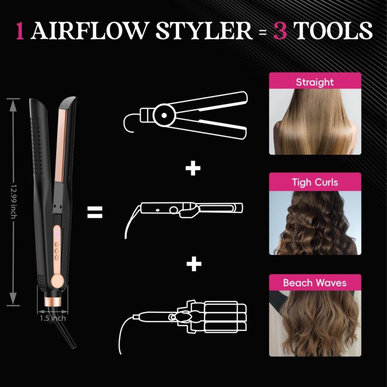 SKIMI Airflow Styler, Titanium Flat Iron Hair Straightener, Professional Curling Iron with Cooling Air Vents to Lock in Style, 5 Temps & Dual Voltage, Auto Off(Black & Champagne). - Image 5