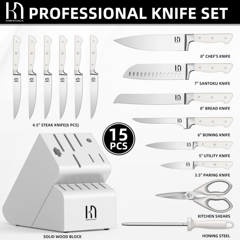 KnifeSaga Kitchen Knife Block Set, 15-Piece Enduring Ultra Sharp Knife Set, Japanese High Carbon Stainless Steel, Premium Forged Knives for Kitchen and Professional Chefs, White - Image 4