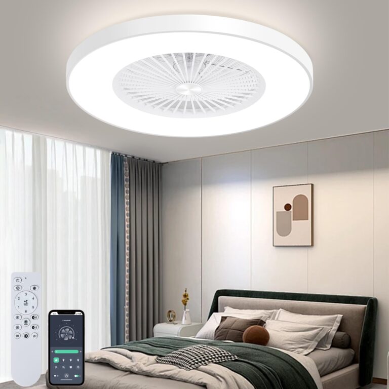 KAMLAM 24" Low Profile Ceiling Fan with Light, Bladeless ceiling fan withs Remote/APP Control, Flush Mount Ceilings Fans, Modern Enclosed Led Ceilings 3 Colors Dimmable 6 Speeds Reversisble Timing