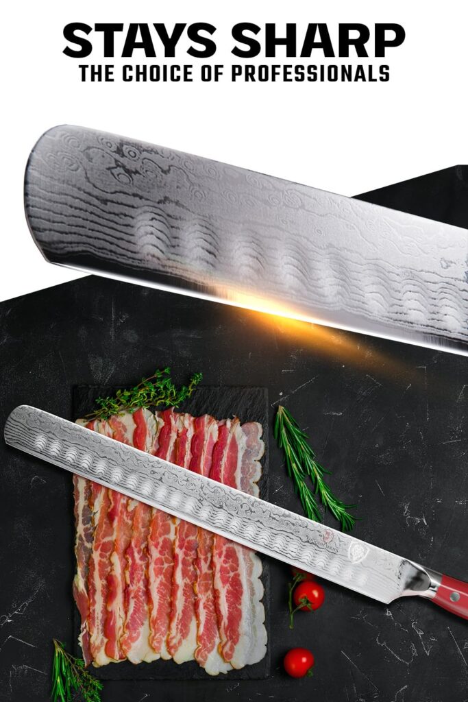 Dalstrong Slicing Carving Knife - 12 inch Granton Edge - Shogun Series - Damascus - Japanese AUS-10V Super Steel Kitchen Knife - Vacuum Treated - Crimson Red ABS Handle - Razor Sharp Knife - w/Sheath - Image 7