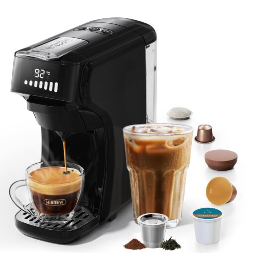 HiBREW H1B 6-in-1 Pods Coffee Maker, 19 Bar Espresso Machine for Pods, Compatible with Kcup*/Nes*/DG*/Espresso Powder, Makes iced coffee (Black)