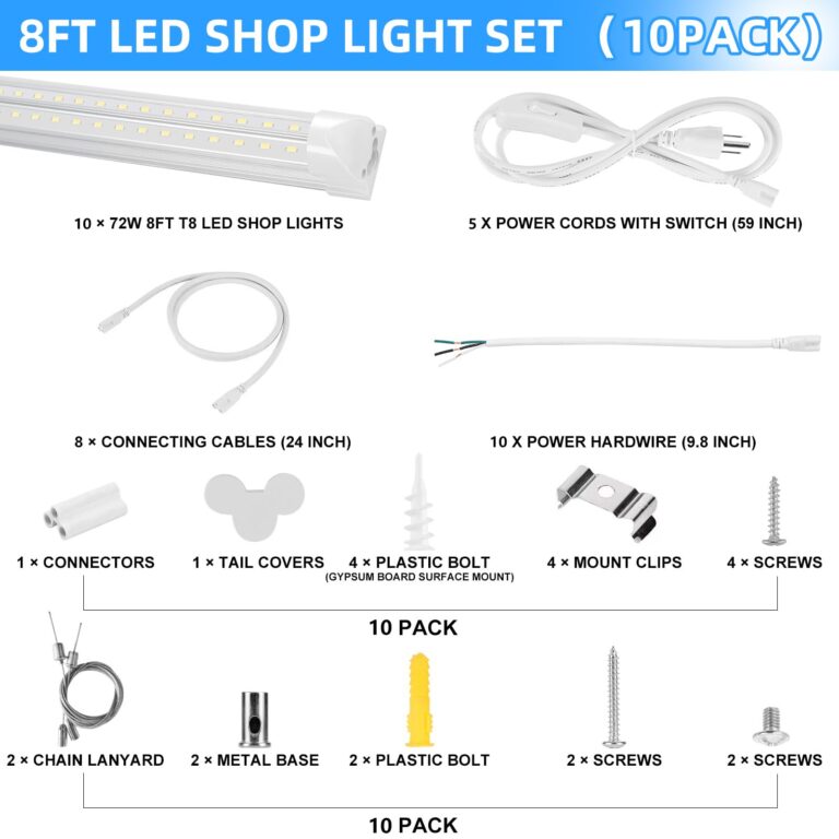 Phiwicsh 8FT LED Shop Light 10 Pack, Hanging/Surface Mount 6000K/White Light LED Tube Light, Plug & Play 72W 11520LM Super Bright High Output T8 LED Ceiling Lighting, Linkable Shop Lights for Garage - Image 5