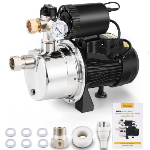 Moonshan 3/4 HP Water Pressure Booster Pump for Home 1050GPH Shallow Well Jet Pump with Pressure Tank Auto ON/OFF Stainless Steel Self-Priming System Pressure Switch for Whole House, Garden, Lawn
