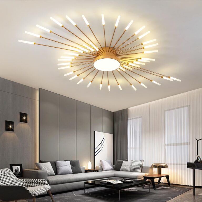 JAYMP Ceiling Light Modern Flower Shape Ceiling Lamp for Living Room Dining Room Flush Mount Metal Acrylic Sputnik Firework Petal LED Lighting Fixture (Matte Gold, 42+1 Lights) - Image 2