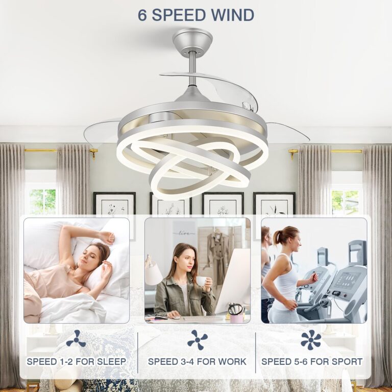 TXCSLY 42 Inch Retractable Ceiling Fan, Chandelier Ceiling Fan with Light DC Motor, 3 Color Tempearture, 6 Wind Speed for Bedroom, Living Room and Dining Room, Silver - Image 3