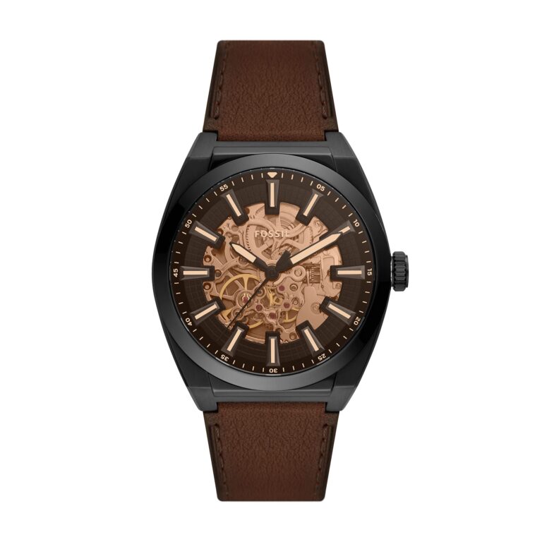 Fossil Men's Everett Automatic Stainless Steel and Leather Three-Hand Watch, Color: Black, Brown (Model: ME3207)