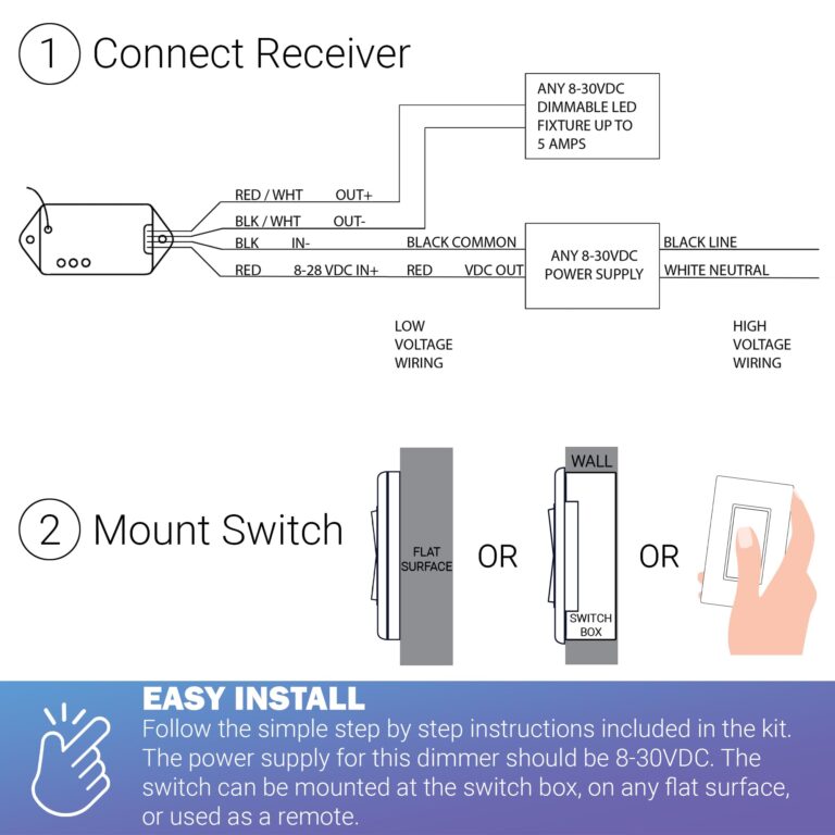 RunLessWire Low Voltage 8-30VDC Dimming Self Powered (NO Batteries) Wireless Light Switch - No Wiring, Battery, or WiFi Needed - Basic Low Volt Dimmer Kit: 1 Receiver, 1 Switch – White - Image 4