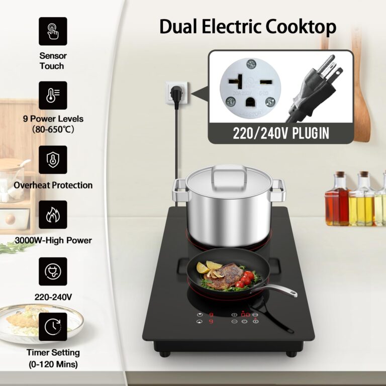 VBGK Electric Cooktop,3000W 12 inch Electric Stove Top,Built-in and Countertop 2 Burner Electric Cooktop 220V with Plug,9 Power Levels, Kids Lock & Timer,LED Touch Control,Overheat Protection Stovetop - Image 8