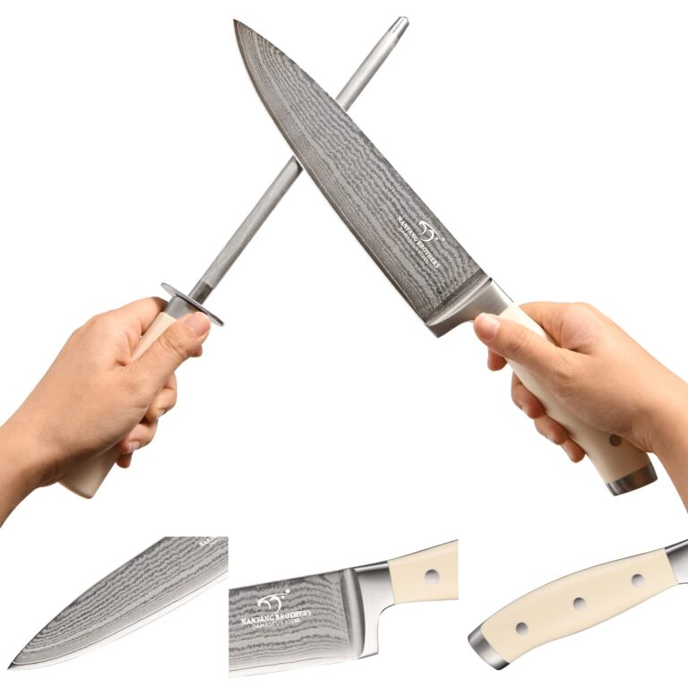 Damascus Kitchen Knife Set, 9 Pieces With Block, White ABS Triple Rivet Ergonomic Handle for Chef Knives, Sharpener and Shears - Image 6