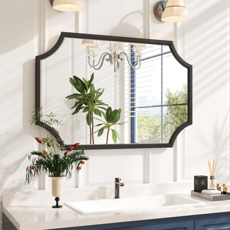 Kelly Miller Scalloped Black Bathroom Mirror for Wall, 24"x36" Black Mirror Decorative Wall Mirror Art Framed Mirror Bevelled for Master Bath Half Bath Living Room Fireplace Mantle Entryway Hallway
