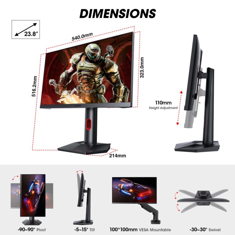 KOORUI Gaming Monitor, QHD 24" Nano IPS Display, 1440P 165Hz Computer Monitor, 1ms 2K PC Screen, 100% sRGB, Adaptive Sync, Height/Tilt/Pivot Adjustment, HDMI, DisplayPort, GP01 - Image 3