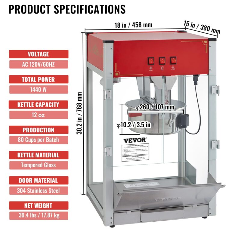 VEVOR Commercial Popcorn Machine, 12 Oz Kettle, 1440 W Countertop Popcorn Maker for 80 Cups per Batch, Theater Style Popper with 3-Switch Control Steel Frame Tempered Glass Doors 1 Scoop 2 Spoons, Red - Image 4