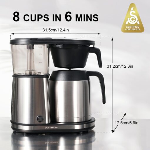 Bonavita 8 Cup Drip Coffee Maker Machine, One-Touch Pour Over, Auto Pause Brewing with Stainless Steel Double Wall Thermal Carafe, SCA Certified, Dishwasher Safe, BV1901TS - Image 7