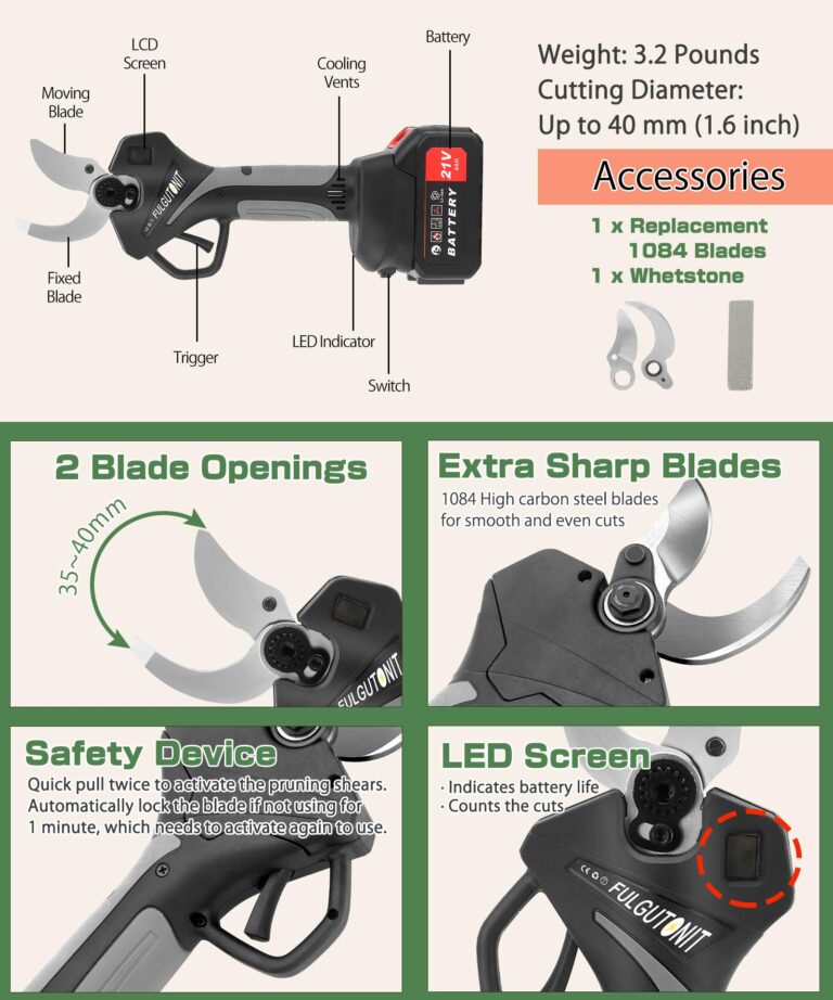 Fulgutonit Electric Pruner Kit, 40 mm(1.6 in) Pruning Shears & 6 inches Mini Chainsaw, with Max 7 ft Extension Pole, 2 Pcs 4 Ah Batteries for Longer Pruning, Extra 1084 Replacement Blades & Saw Chain - Image 4
