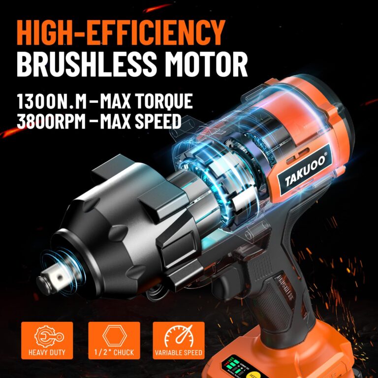 Takuoo 1300N.m(960Ft-lbs) Cordless Impact Wrench High Torque, 1/2" 21V Brushless Impact Gun w/2x 4.0AH Battery Fast Charger, Electric Power Impact Wrench for Truck RV Heavy-duty, 5 Sockets, Tool Box - Image 7