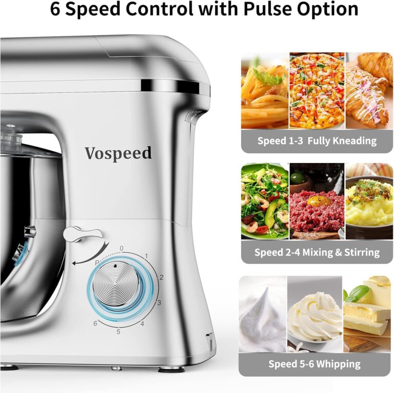 Vospeed 9 IN 1 Stand Mixer, 850W Tilt-Head Multifunctional Electric Mixer with 8 QT Stainless Steel Bowl, 1.5L Glass Jar, Meat Grinder, Hook, Whisk, Beater Dishwasher Safe (Silver) - Image 7
