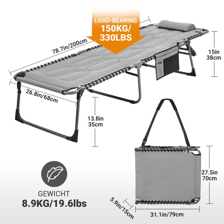 KingCamp Set of 2 Oversize Padded Folding Chaise Lounge Chair for Outdoor, Patio, Beach,Lawn, Sunbathing, Tanning, Pool, Lay Flat Heavy-Duty Adjustable Reclining Chairs with Pillow, Support 330lb,Grey - Image 6