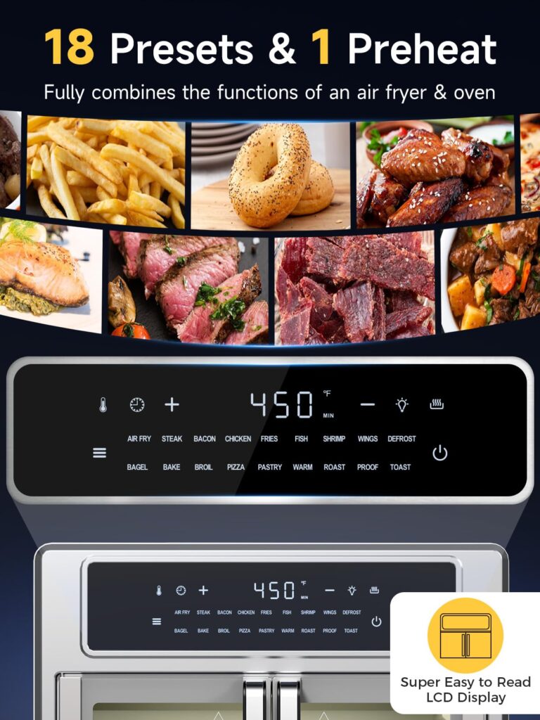 Kitchen Elite®Air Fryer French Door Oven,26.4 Qt Easy Cleanup & Use Large Countertop Toaster Oven Combo,18 Presets & 1 Preheat & 1 Light,Multi-Layer Cooking,4 Accessories,Stainless Steel - Image 5