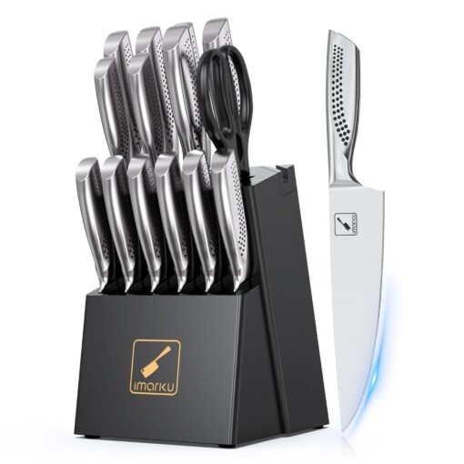 imarku Knife Set,15 PCS Kitchen Knife Set With Block, Premium HC Stainless Steel Knife Block Set With Built-in Sharpener, Kitchen Knives With Ergonomic Handle, Dishwasher Safe, Black