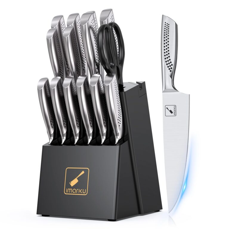 imarku Knife Set,15 PCS Kitchen Knife Set With Block, Premium HC Stainless Steel Knife Block Set With Built-in Sharpener, Kitchen Knives With Ergonomic Handle, Dishwasher Safe, Black