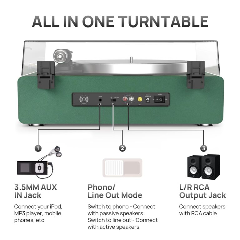 Turntable Record Player with Built-in Speakers, Vinyl Record Player Support Bluetooth Playback Auto Stop 33&45 RPM Speed RCA Line Out AUX in All-in-one Belt-Drive Turntable for Vinyl Records Green - Image 4