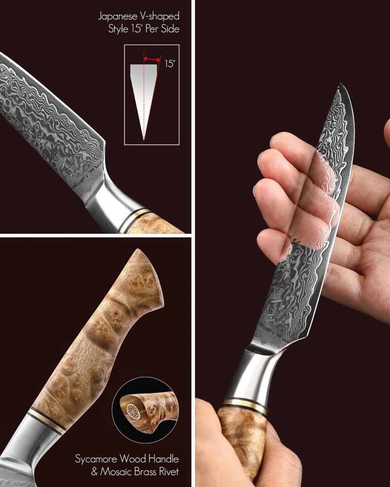 HEZHEN 6PCS Kitchen Knife Set Professional Forged Damascus High Carbon Steel Steak Knife Figured Sycamore Wood Handle-Porcelain Gift Package - Image 6