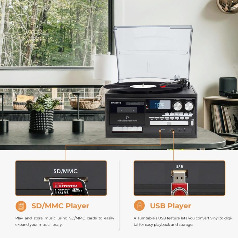 9-in-1 Vintage Turntable Record Player with Bluetooth, Built-in Speakers, AM/FM Radio, CD & Cassette Playback, USB/SD/MMC Support, Remote Control, Aux Input, RCA Output Black - Image 3