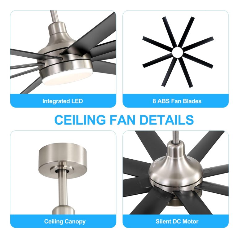 Breezary 65" Large Ceiling Fans with Lights and Remote, 8-Blade, Reversible DC Motor, 6-Speed, Timer, Industrial Ceiling Fans with Led Light Chandelier for Bedroom Office (Satin Nickel & Black) - Image 4