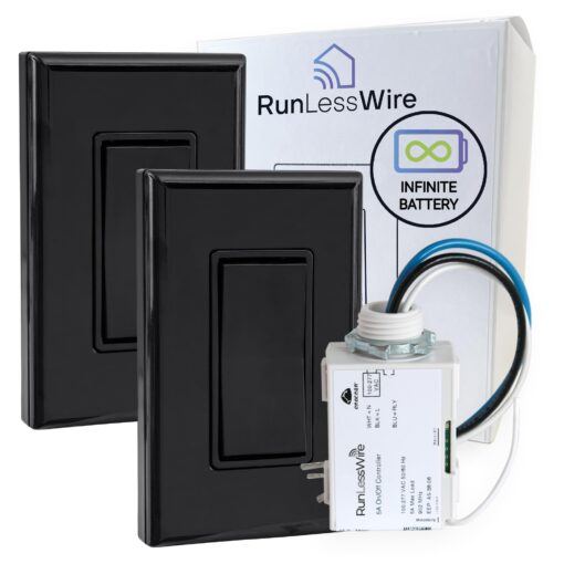 RunLessWire 3-Way Remote Light Switch Kit Wireless Battery-Free Self-Powered Kinetic DIY Wall Switch 150ft RF Range - 3 Way: 1 On/Off Receiver, 2 Switches - Black