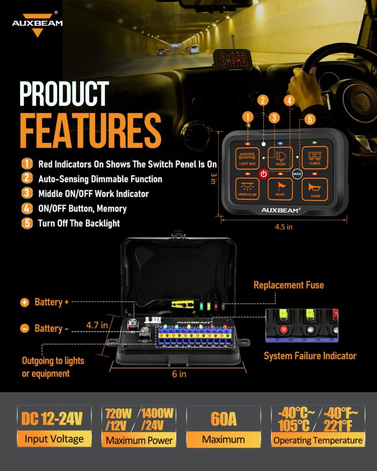 Auxbeam 6 Gang Switch Panel Bluetooth RGB AR-600 with Toggle Momentary Pulsed Modes Multifunctional Switch pod with Manual and Automatic Backlit Control Boat Switch Panel for Truck Car ATV Waterproof - Image 4