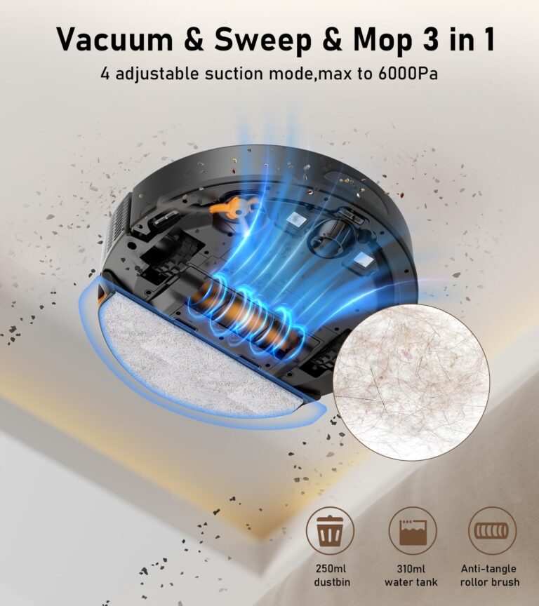 NADALY D200 Robot Vacuum and Mop Combo, Lidar Navigation Robot Vacuum Cleaner, 6000Pa Suction, 200Mins Runtime, Wi-Fi/App/Alexa Control, Self-Recharging Robotic Vacuum for Carpet Pet Hair Hard Floor - Image 7