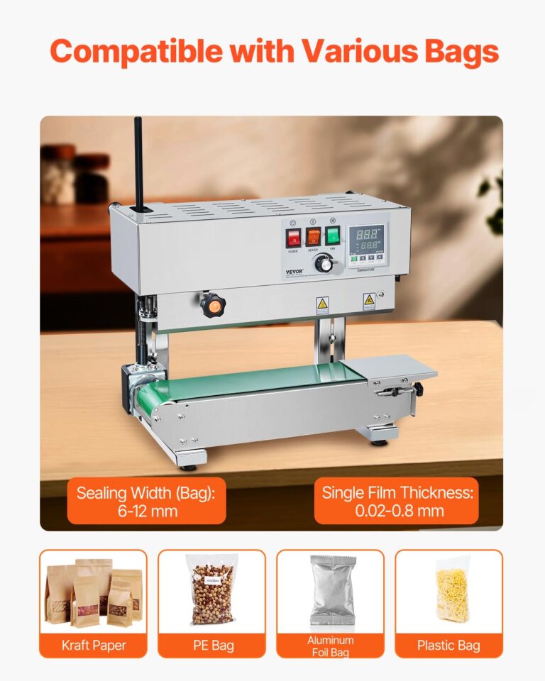 VEVOR Continuous Bag Band Sealing Machine, 0.24-0.47 in/6-12 mm Seal Width, Vertical Band Sealer Machine with Digital Temperature Control, Stainless Steel Bag Sealer for 0.02-0.8 mm Plastic Bags Films - Image 8