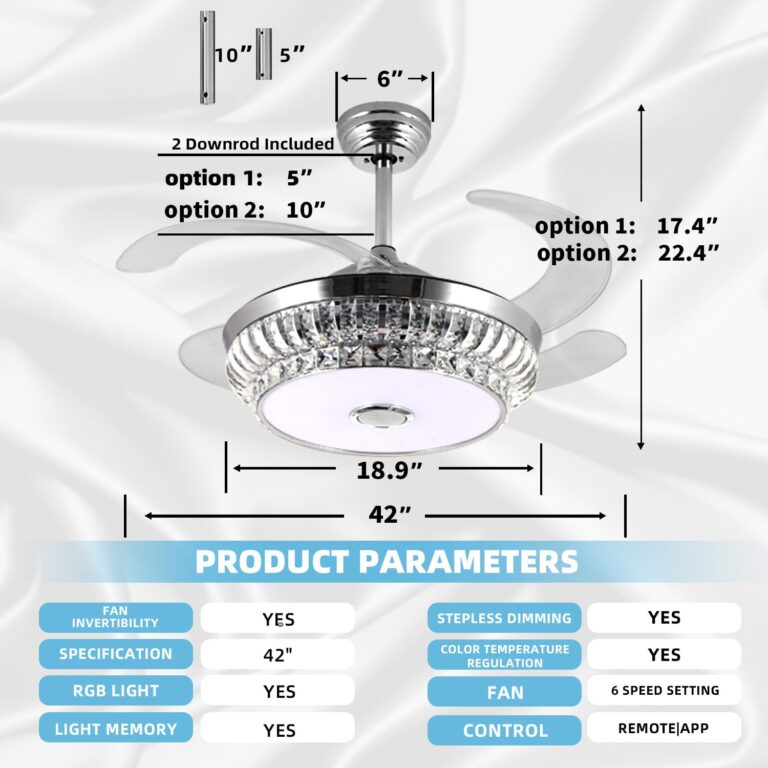 NUTCRUST Bluetooth Ceiling Fan with Light and Speaker, Retractable Ceiling Fan Chandelier with Remote Control, 6 Speeds Reversible Blade Smart Ceiling Fan, Bright Silver, Nordic - Image 2