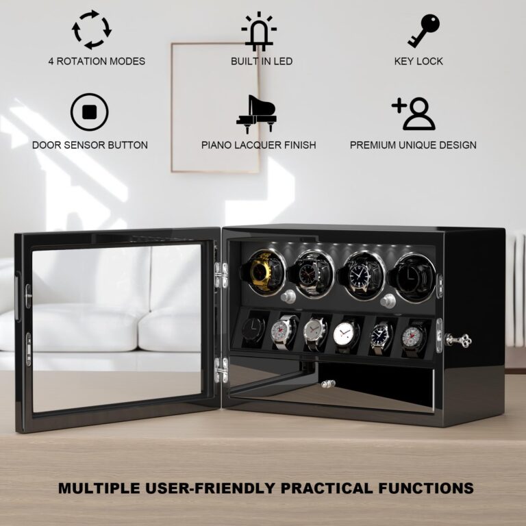 DUKWIN Watch Winder for 4 Automatic Watches, Watch Winders with Watch and Jewelry Storages, Super Quiet Mabuchi Motor with High-Gloss Piano Lacquer Finish,Built-in Illumination - Image 6