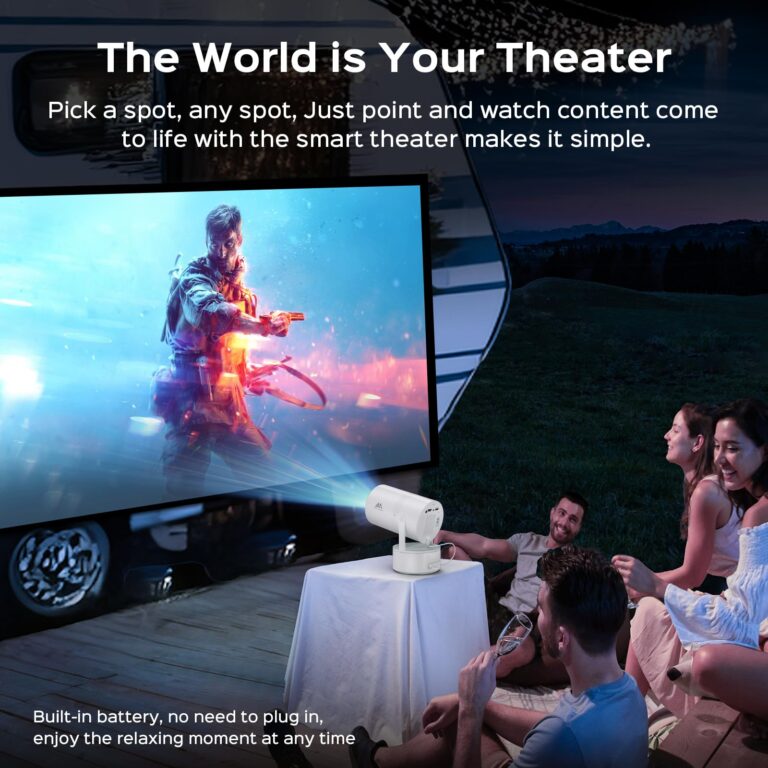 [Built-in Battery] Mini Projector with Wifi and Bluetooth, 4K 1080P Supported 270° Rotatable 150'' Screen Auto Keystone Home Outdoor Projector Portable Smart Projector for Phone/TV/Laptop/HDMI, White - Image 3
