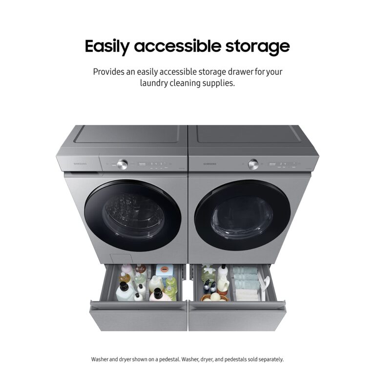 SAMSUNG 27-Inch Bespoke Front Load Washer Dryer Pedestal Stand w/ Pull Out Laundry Storage Drawer, WE502NT, Silver Steel - Image 4