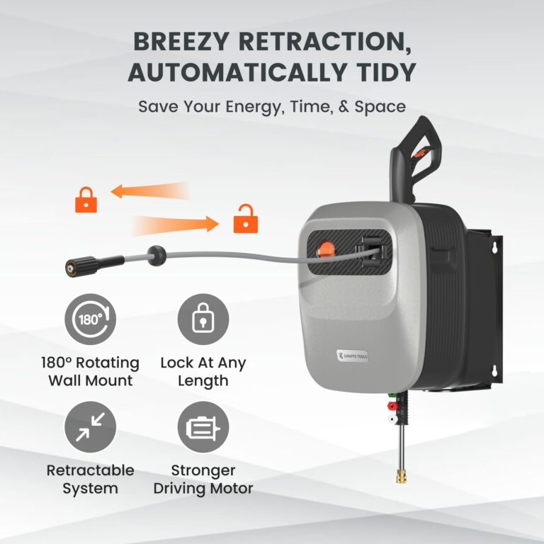 Giraffe Tools Grandfalls Pressure Washer G20 Pro, 2500 PSI 2.2 GPM, Wall Mounted Power Washer with 65FT Hose Reel, Ultra-Soft Pressure Hoses, 4 Nozzles for Floor/Cars/Fences/Patios, Light Silver - Image 6