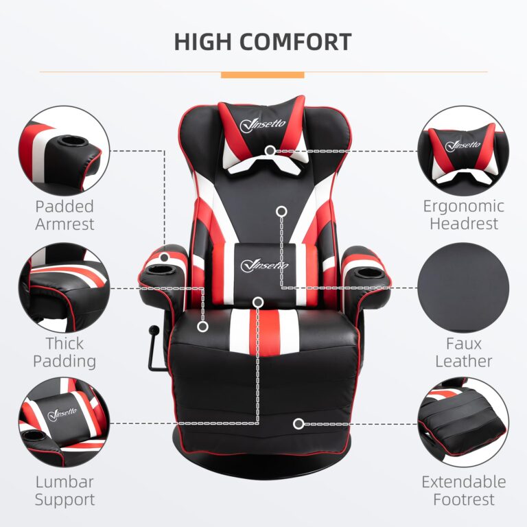 Vinsetto Gaming Chair, Racing Style Computer Recliner with Lumbar Support, Footrest and Cup Holder, Black/White/Red - Image 7